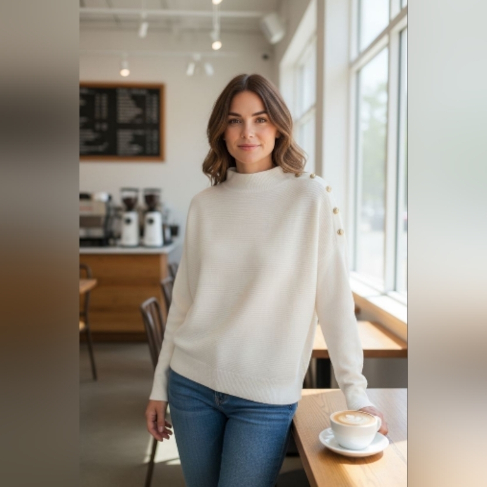 Belldeni Beautiful Soft Winter White Sweater with Gold and Pearl Buttons